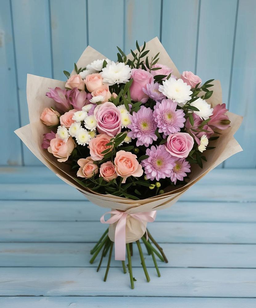 Букет цветов из: Хризантемы, Розы и Альстромерии в Строителе