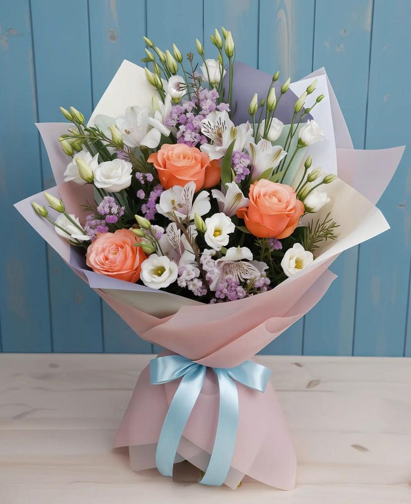 Букет цветов из: Лизиантусы, Розы, Альстромерии и Гипсофила в Строителе