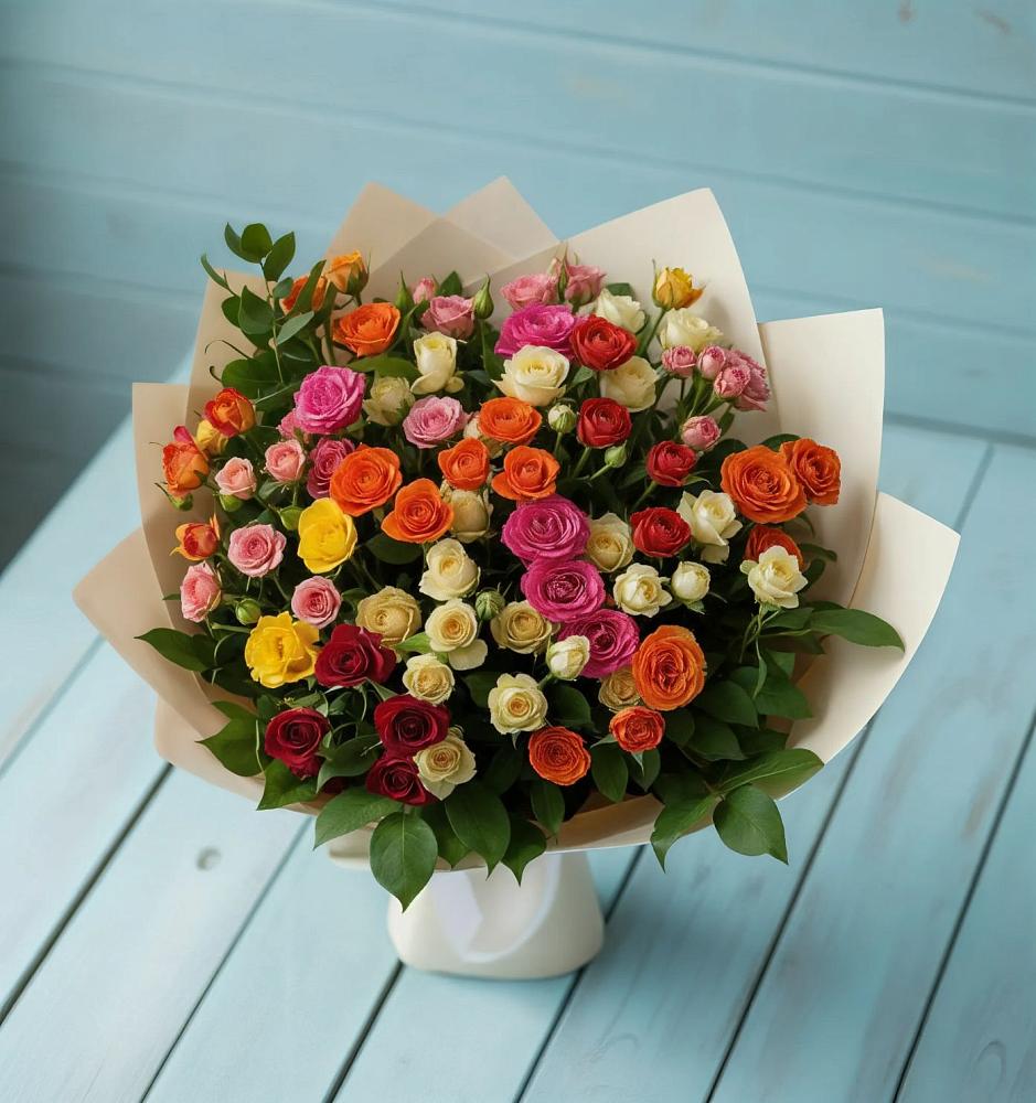 Букет Микс из разноцветных кустовых роз в Строителе