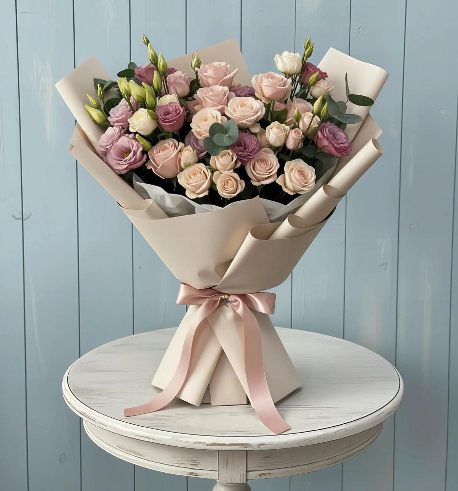 Букет цветов из: Розы и Лизиантусы в Строителе