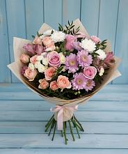 Букет цветов из:  Хризантемы, Розы и Альстромерии в Строителе