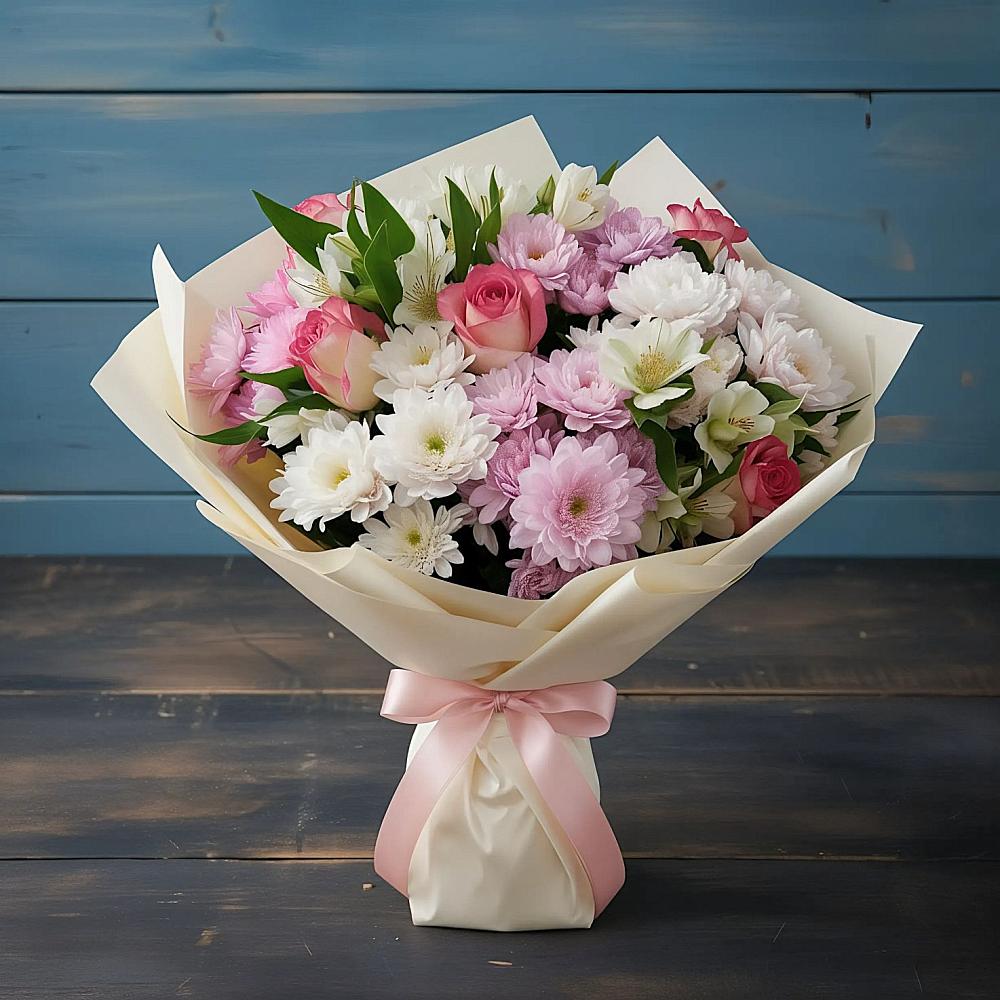 Букет цветов из: Хризантемы, Альстромерии и Розы в Строителе